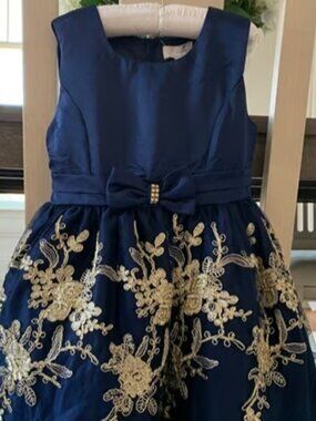 NWT Girls Formal Party Dress, Size 6, Navy Blue with Gold Embroidery